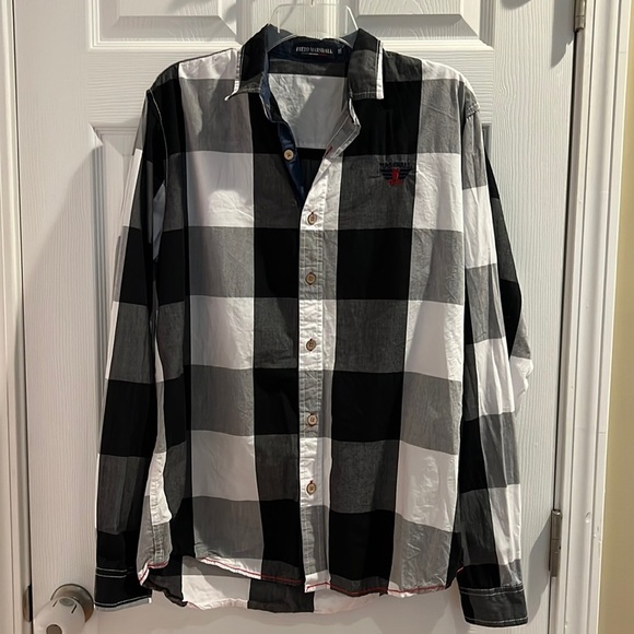 Black and white mens button down with red threading - Picture 2 of 5